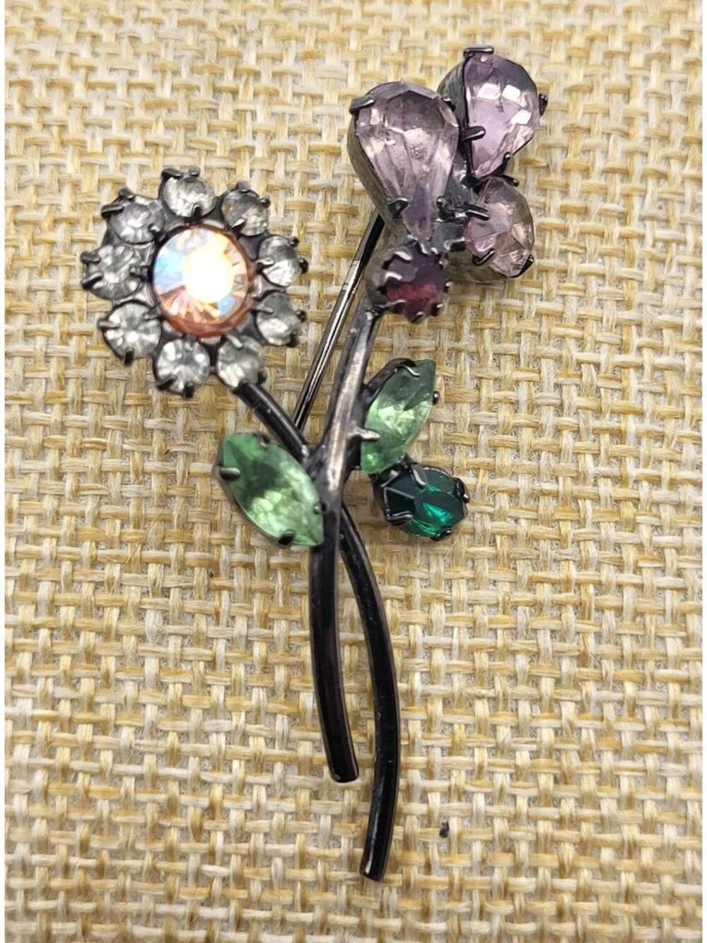 Vintage Signed Alex & Ani Rhinestone Flower stem bouquet Brooch pin